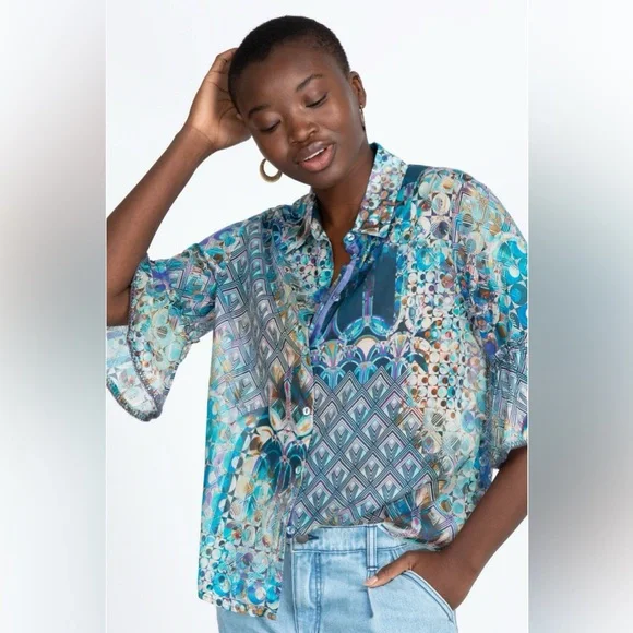 Johnny Was Workshop Klodi Ruffle Sleeve Blouse Sz 3X Blue Boho Print Cotton Top - Picture 2 of 10